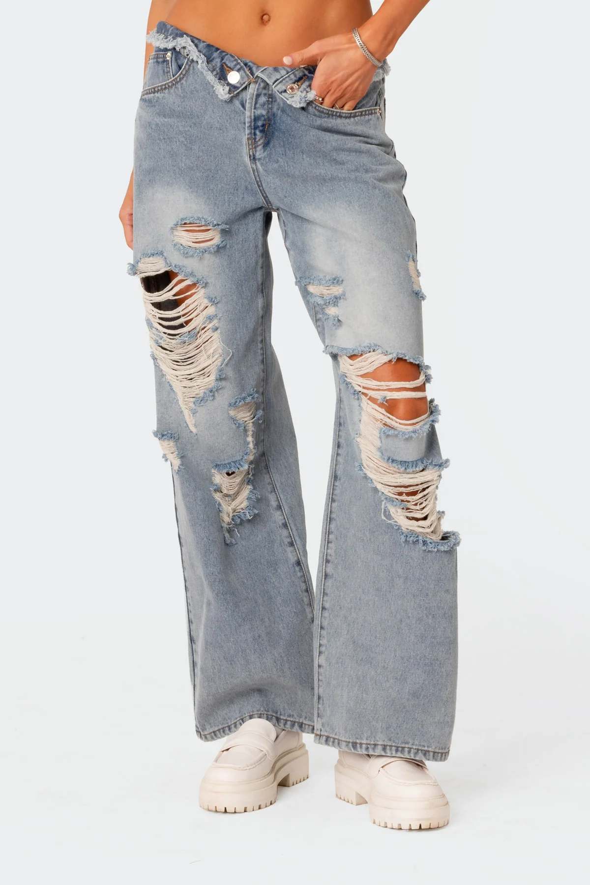 Distressed Fold Over Low Rise Wide Leg Jeans - Image 2