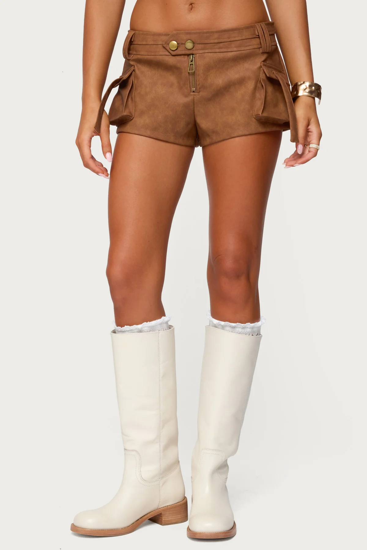 Washed Faux Leather Micro Cargo Shorts - Image 2