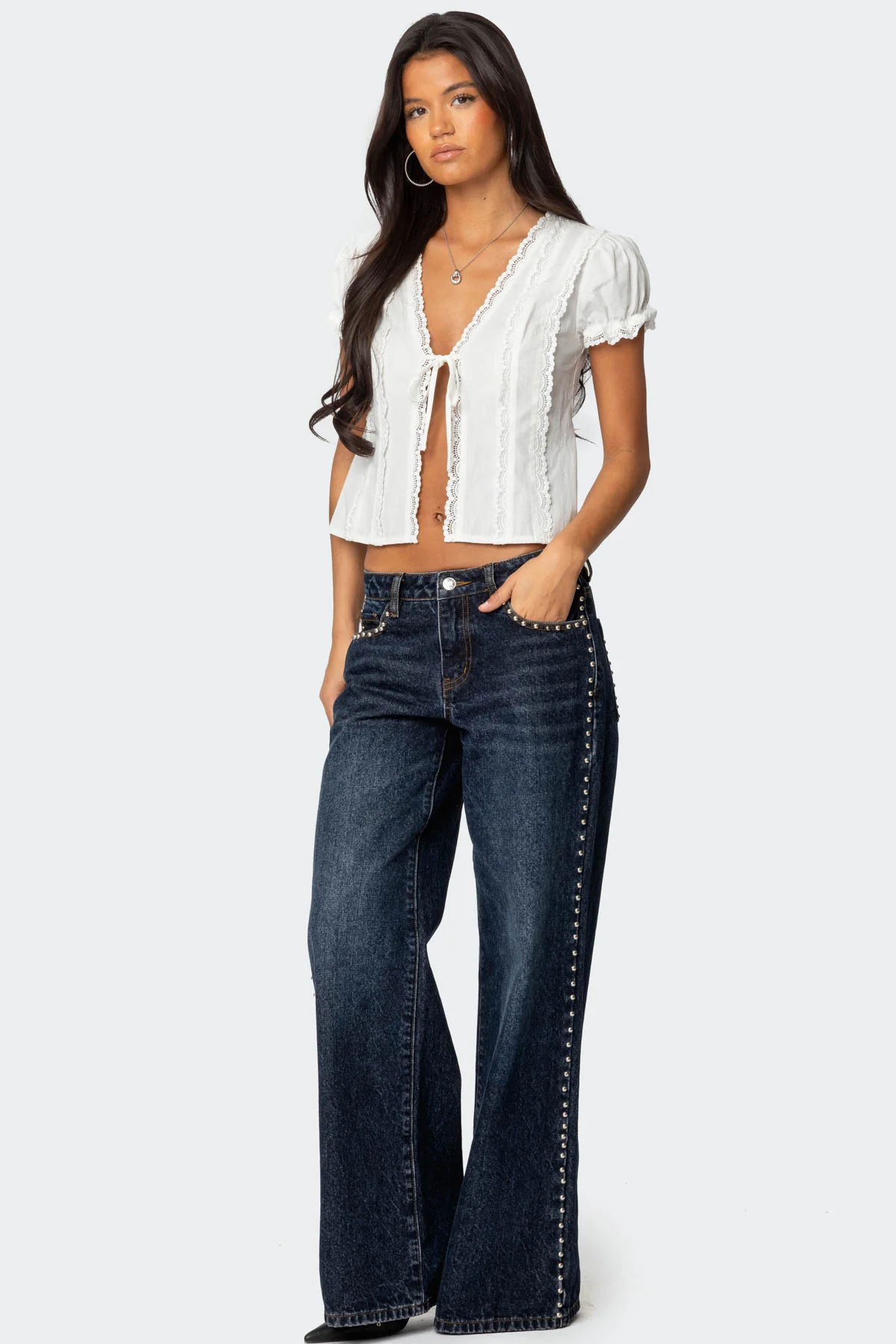 Cotton Lacey Tie Front Top - Image 4