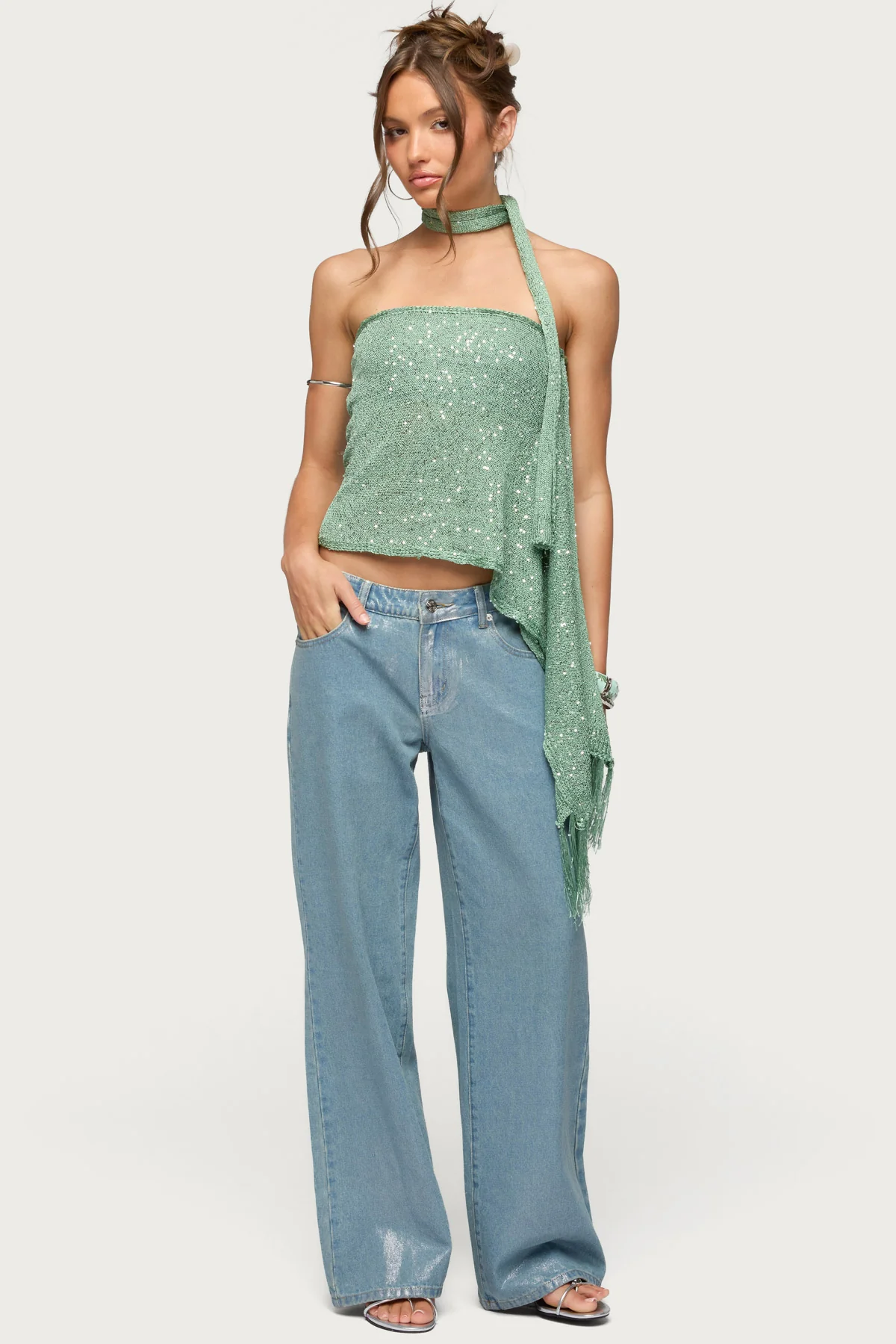 Two Piece Sequin Knit Scarf Top - Image 6