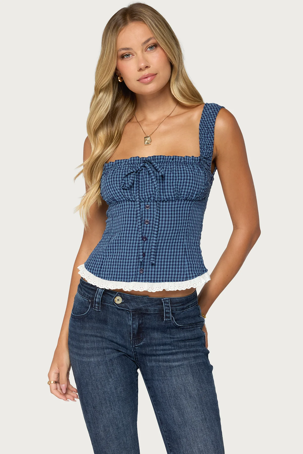 Zeffie Textured Gingham Tie Front Top