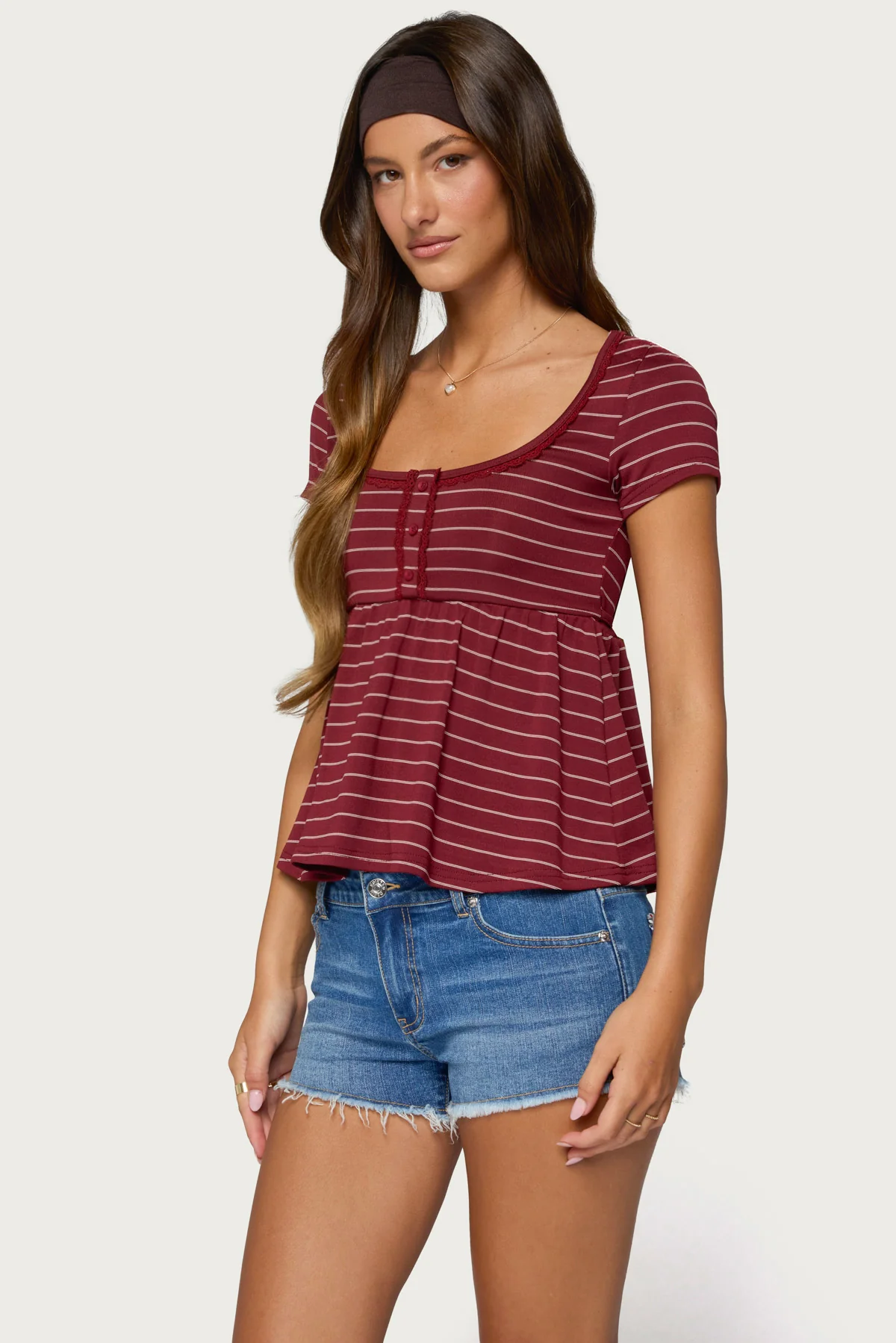 Jina Lacey Striped Babydoll Henley Top - Image 3