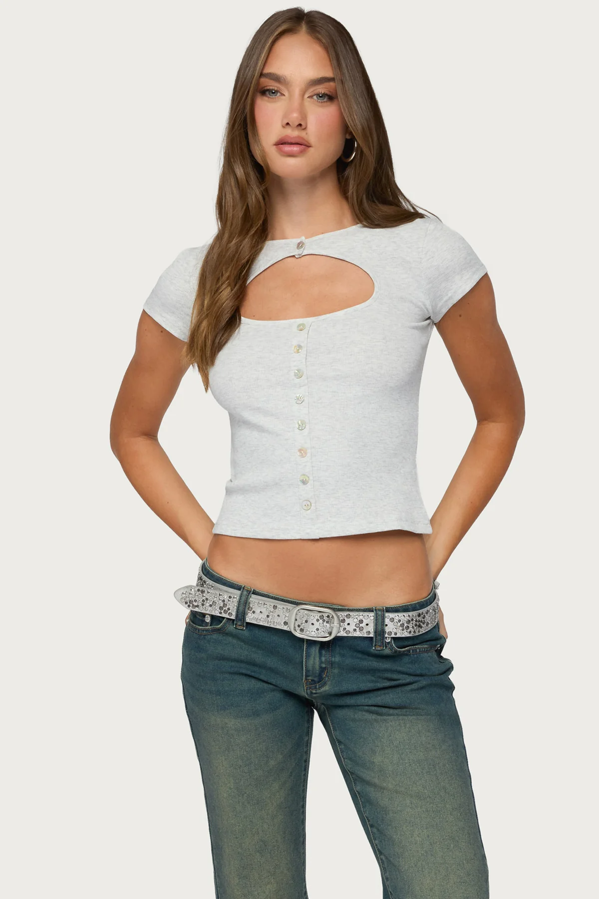 Tyla Button Up Keyhole Cutout Top